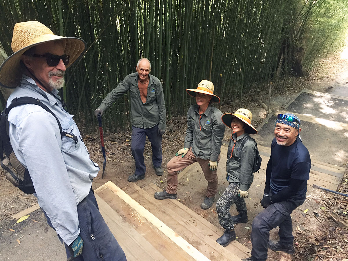 Four volunteers test new wooden step on Arrow Trail