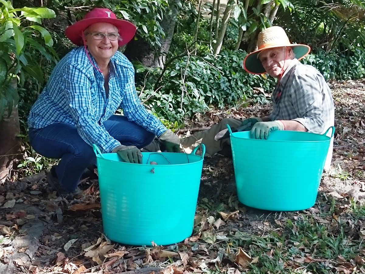 Two volunteers squat on ground with large blue plastic baskets used to hold removed weeds