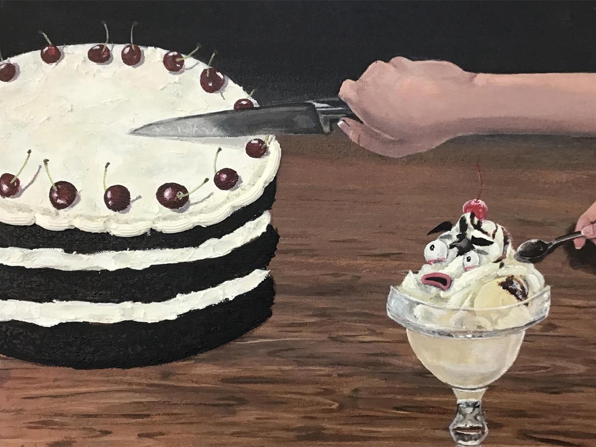 Dessert Feast, acrylic paint, impasto and wall grout on canvas by Chloe Dwyer (St Andrew’s Catholic College 2022)