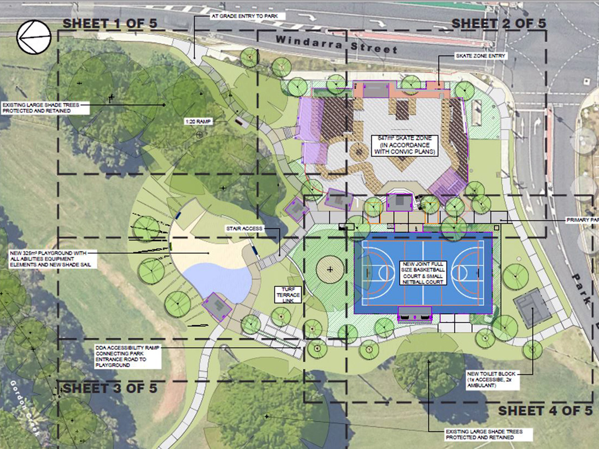 Site overview plan for the Jeff Pezzutti Park Activity Space, illustrating proposed upgrades including playground areas, accessibility ramps, skate zone, full-size basketball and netball court, landscaping and pathways.