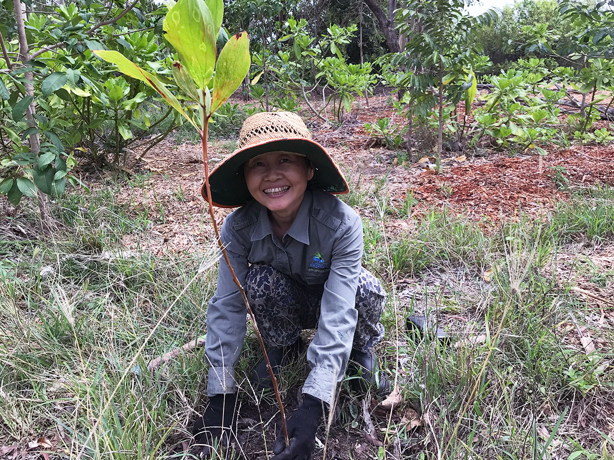Smiling lady planting sapling