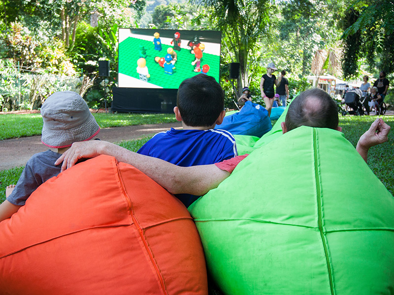Family watching the ScreenPLAY films on beanbags