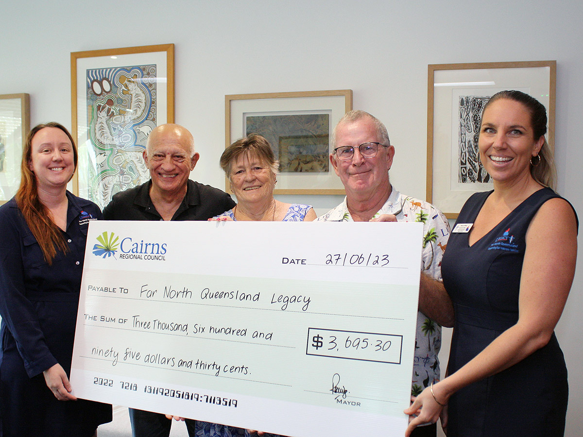 Mayor Bob Manning (second from left) presents a cheque to FNQ Legacy representatives (from left) Melanie Allen (project officer), Cheryl Houldsworth (volunteer), Ian Butler (vice president) and Rebecca Milliner (executive officer). 