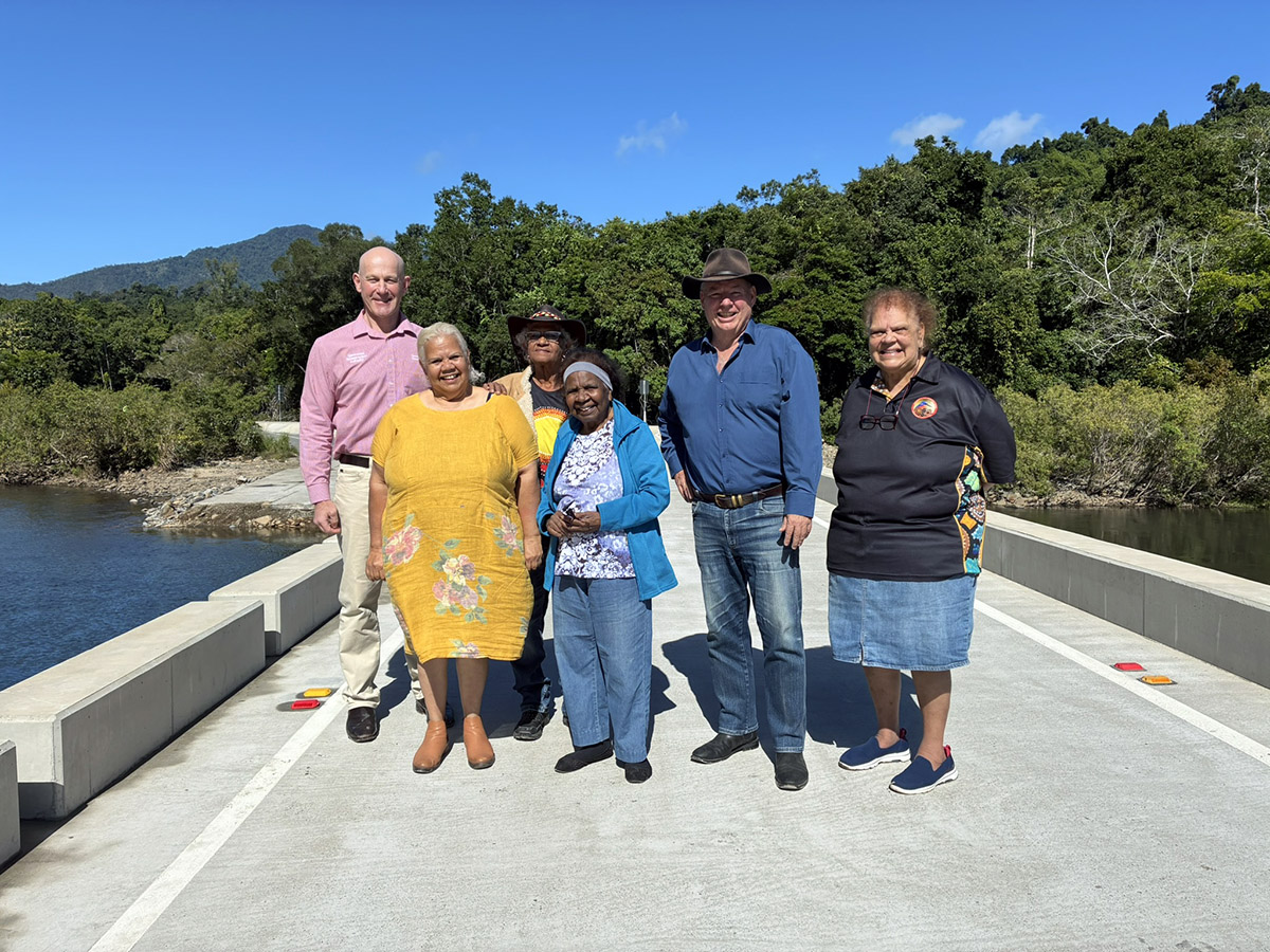 Division 1 Councillor Brett Moller (second right) stands with QRA General Manager Operations Andrew Abbott (far left) and Dulabed and Malanbarra Yidinji representatives, including Kaylene Malthouse (second left), at the official opening of Fisheries Bridge &ndash; Balngga-L, Goldsborough.