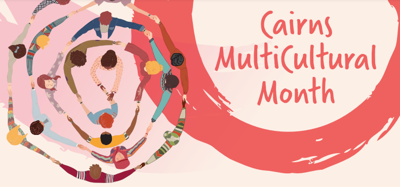 Image of illustrated people, joining hands in a circle for Multicultural Month