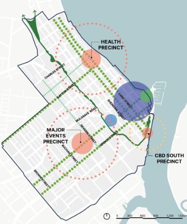 The City Precincts project spanned the Cairns CBD and three major precincts including the Major Events Centre (including Barlow Park and the Cairns Showgrounds), the Health Precinct (encompassing Cairns Hospital and the JCU Health and Innovation Precinct) and the CBD South (featuring areas such as Abbott Street, Grafton Street, and Wharf Street).