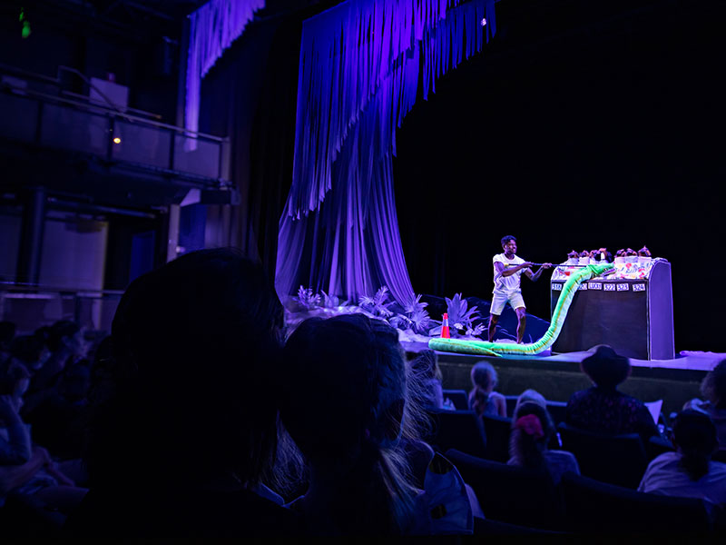 Puppeteer with a flying fox puppet on stage