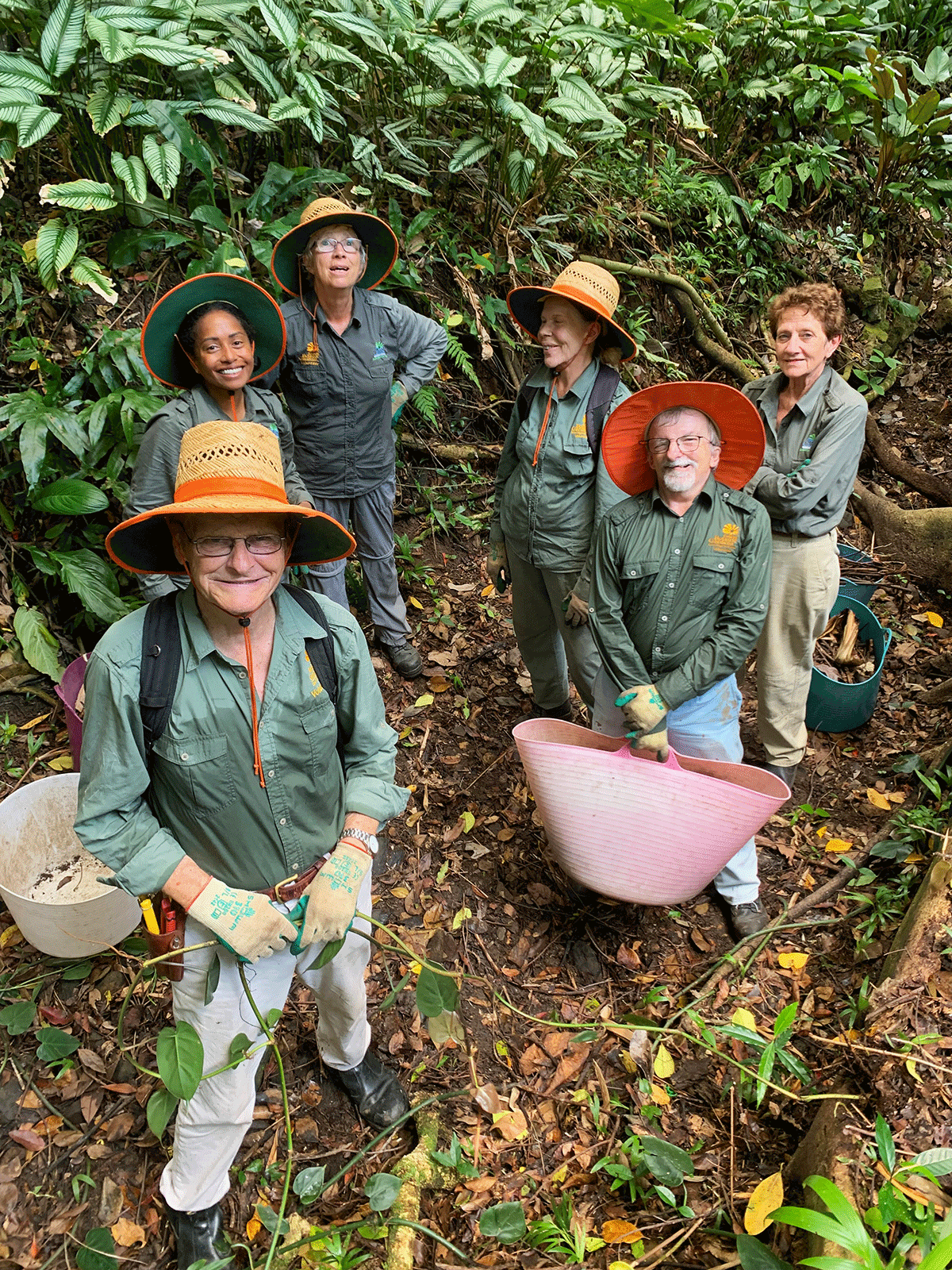 Group of six volunteers busy cleaning up 