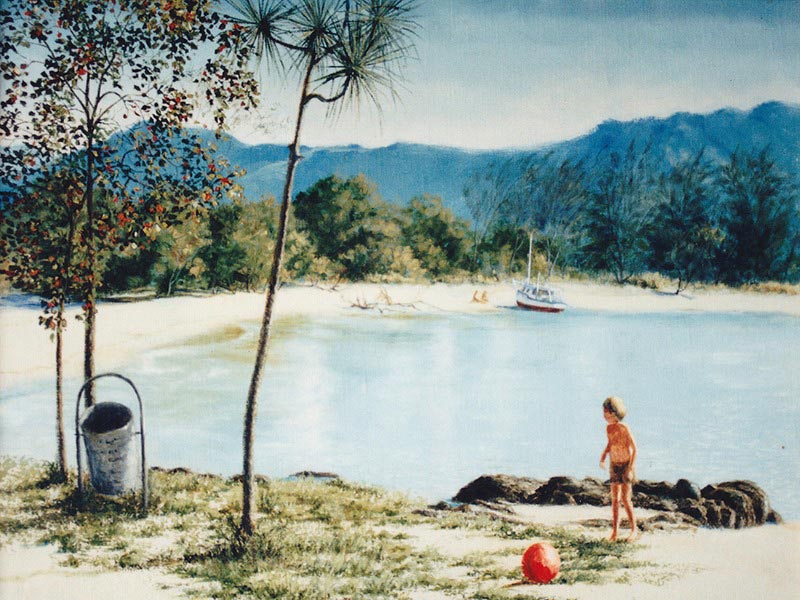 Half Moon Bay, oil on canvas by L. Hall (Cairns Regional Council Art Collection)
