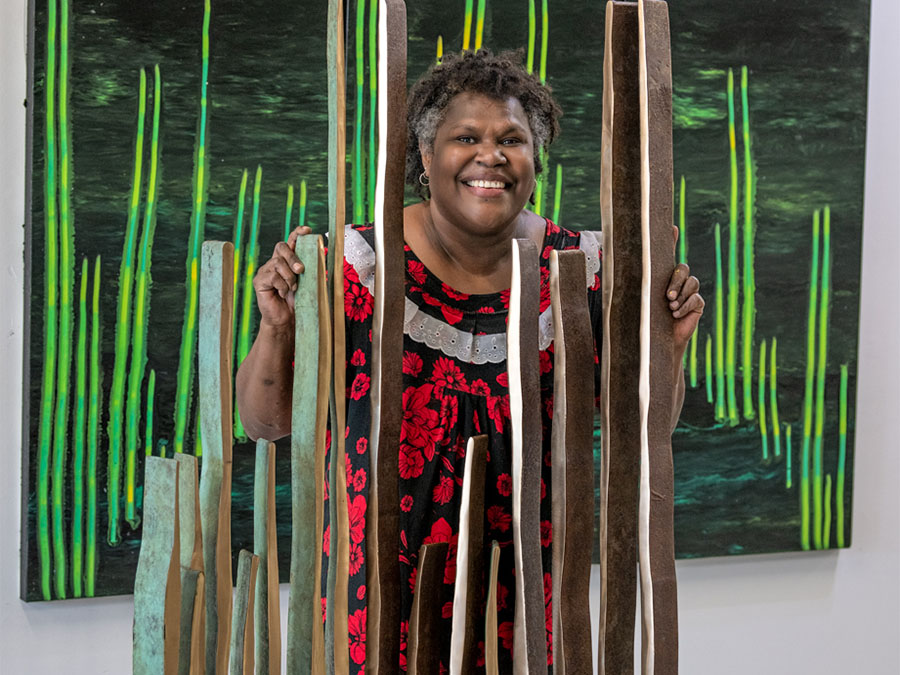Rosella Namok, Artist In Residence - Perspective Exhibition, Court House Gallery. Image by Mick Richards. 