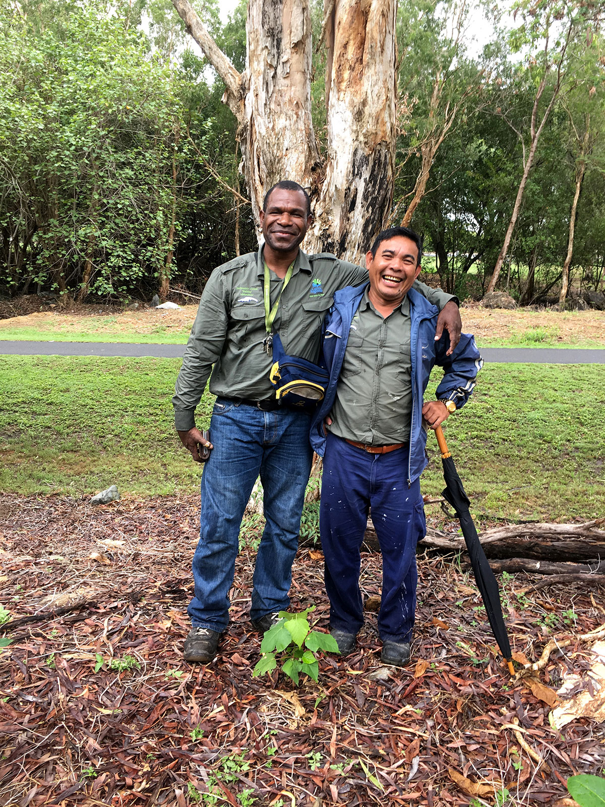Two male volunteers with arms over shoulders after planting new seedling