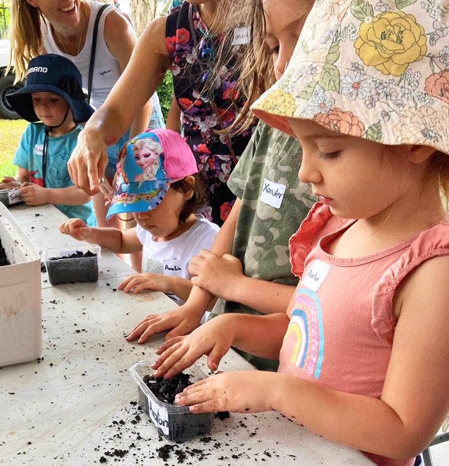 Young girl planting seed in small container of potting mix