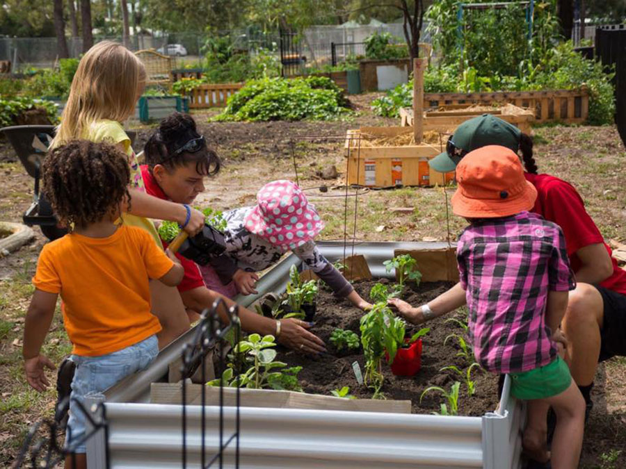 Children getting involved in planting food plants in a neighbourhood pocket garden