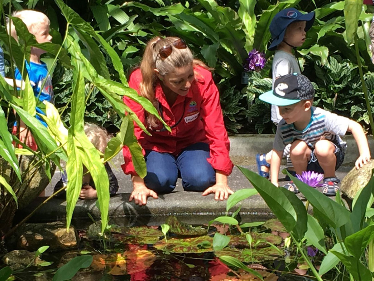 Volunteer and small child chatting while kneeling next to pond in the Botanic Gardens Conservatory
